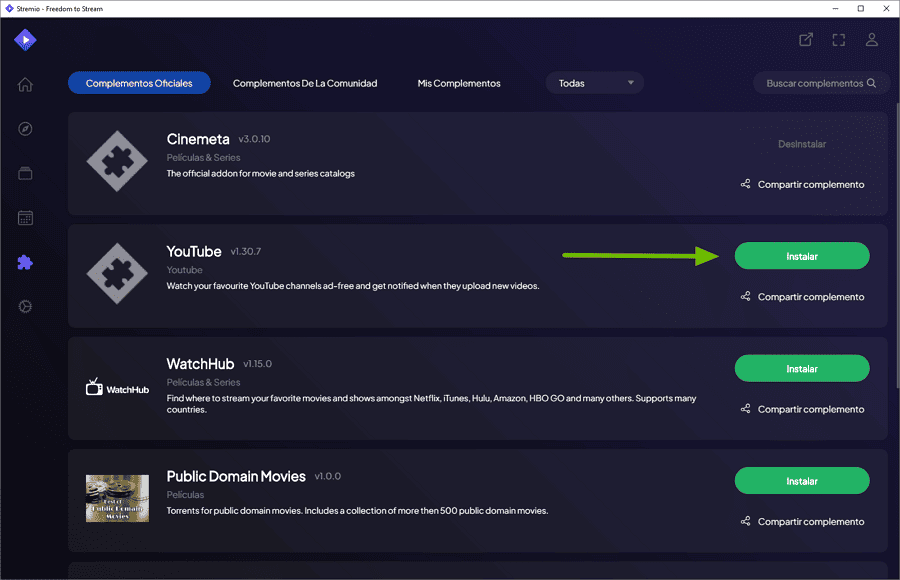 Cómo instalar complementos oficiales y de la comunidad en Stremio 2 complementos oficiales